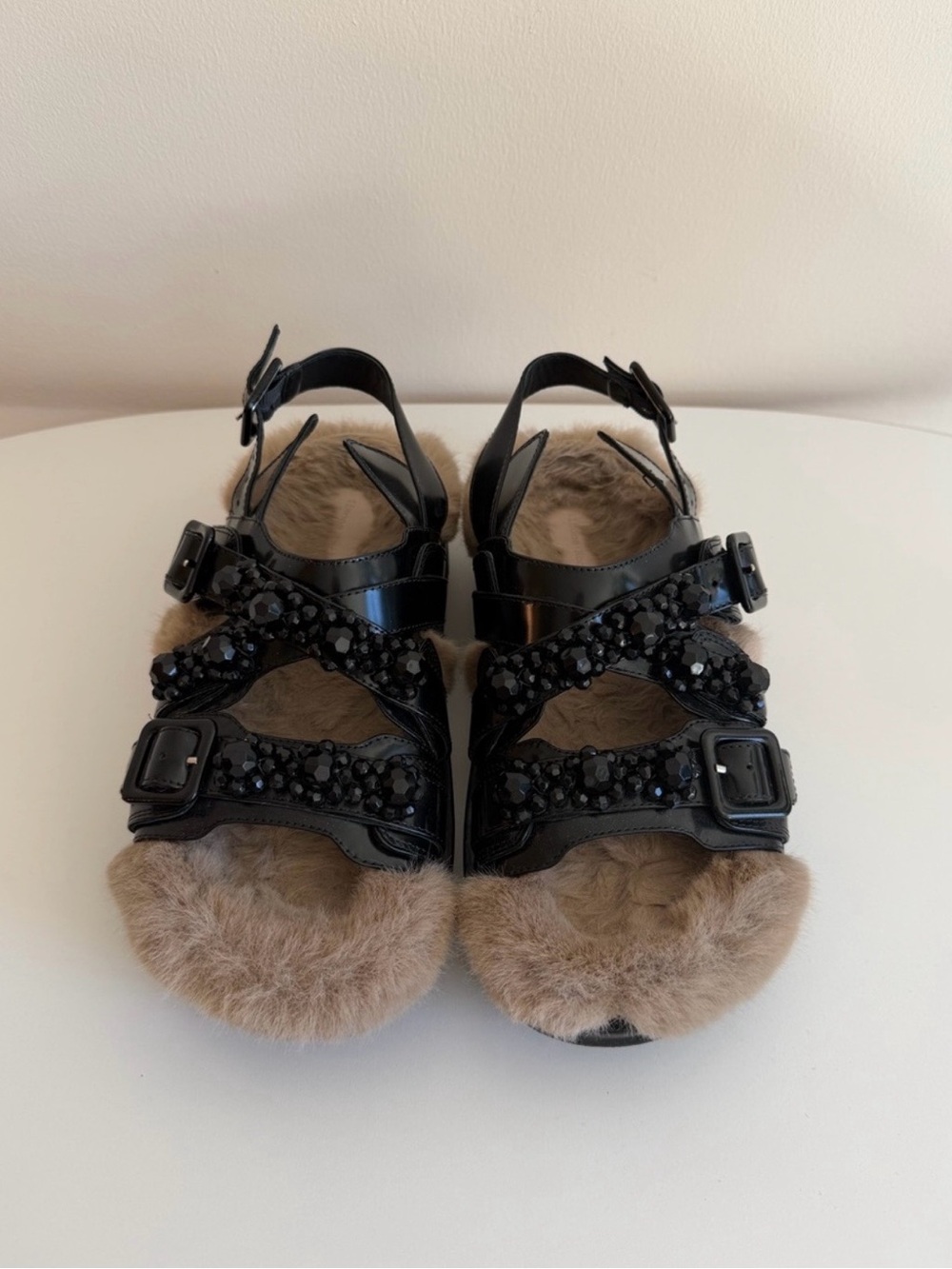 Simone Rocha Black Beaded Buckle Sandals with Tan Faux-Fur Footbed